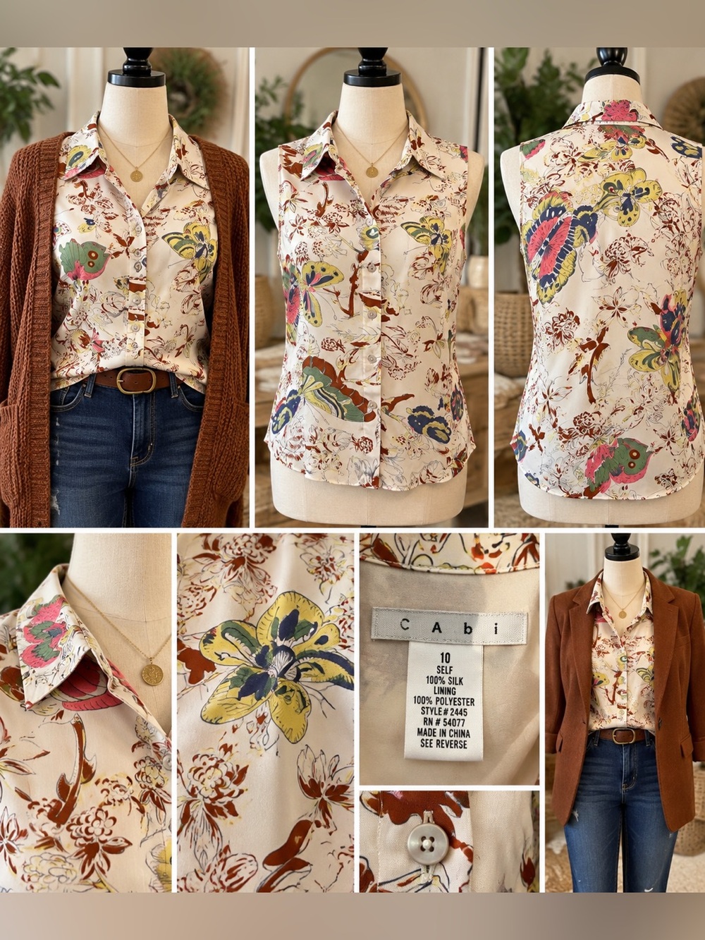 CAbi 100% Silk Butterfly Floral Button Front Blouse Tank Size 10